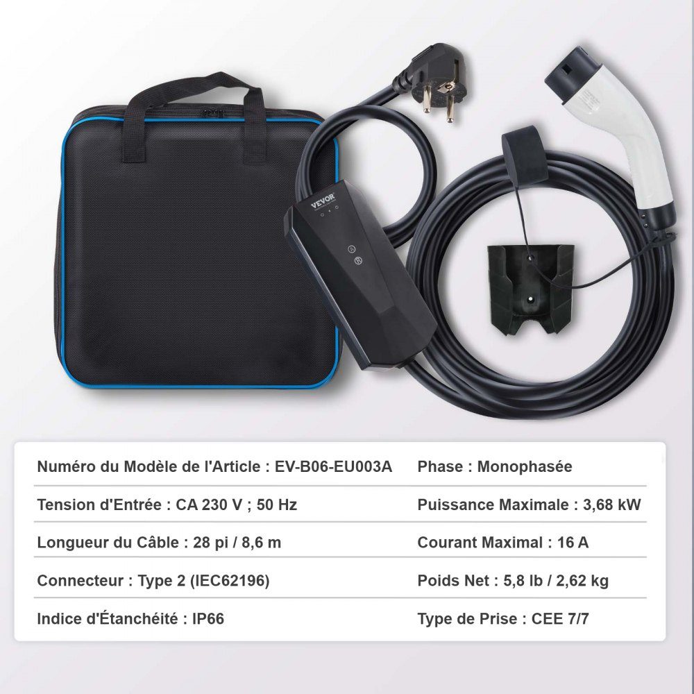 Portable EV charger 3.68kW electric vehicle charger EV charging cable type 2 (IEC62196) CEE 7/7 plug 8-16A 1-phase EV charging station 8.6m cable length IP66 waterproof wallbox