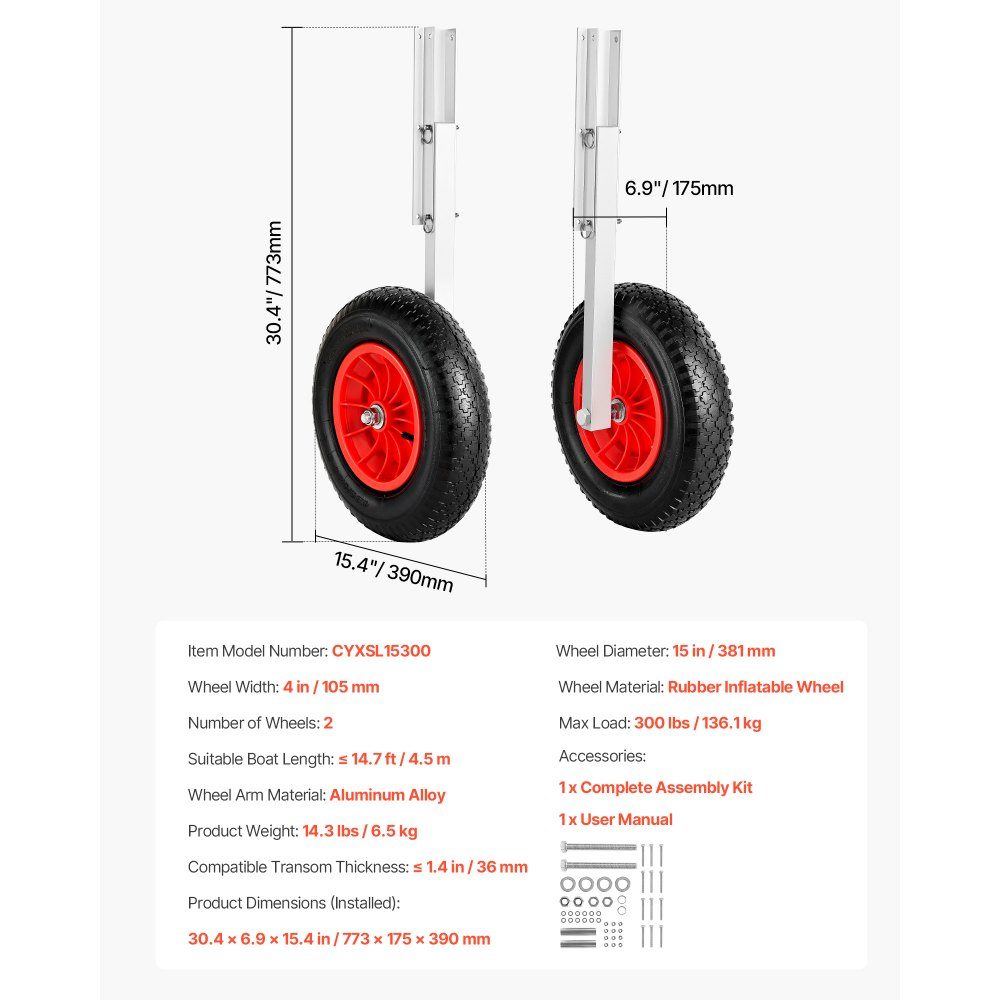 Boat Slip Wheels (300lb Load Capacity), 381mm Aluminum Alloy Tail Wheel with Inflatable Rubber Tires, Folding Slip Wheels with 4 Quick Release Pins for 15ft Inflatable Fishing Boats