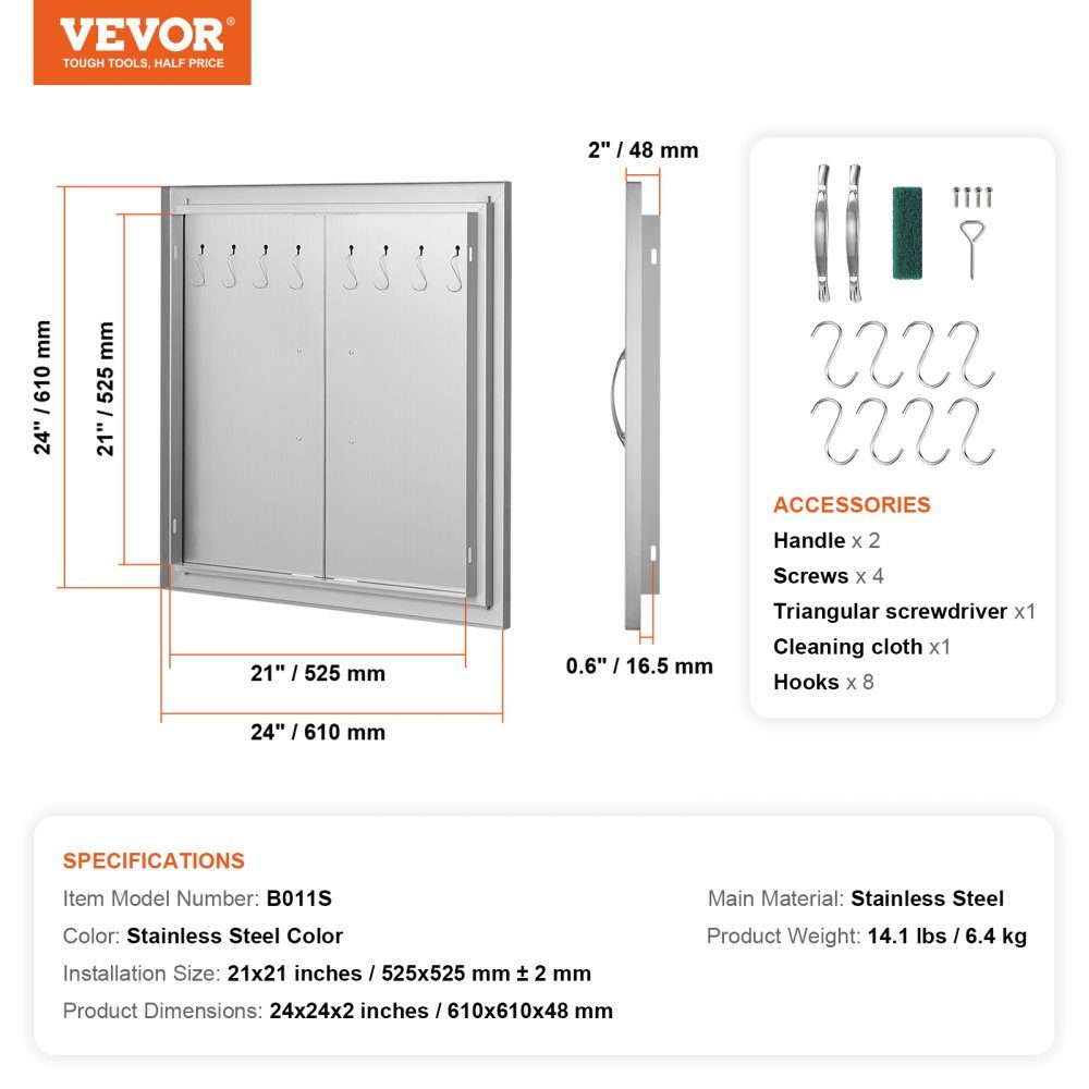 Grill-Zugangstür, 610 x 610 mm, doppelte Außenküchentür, bündig montierte Edelstahltür, doppelwandige vertikale Tür mit Griffen und Haken, für Grillinsel, Grillstation, Außenschrank