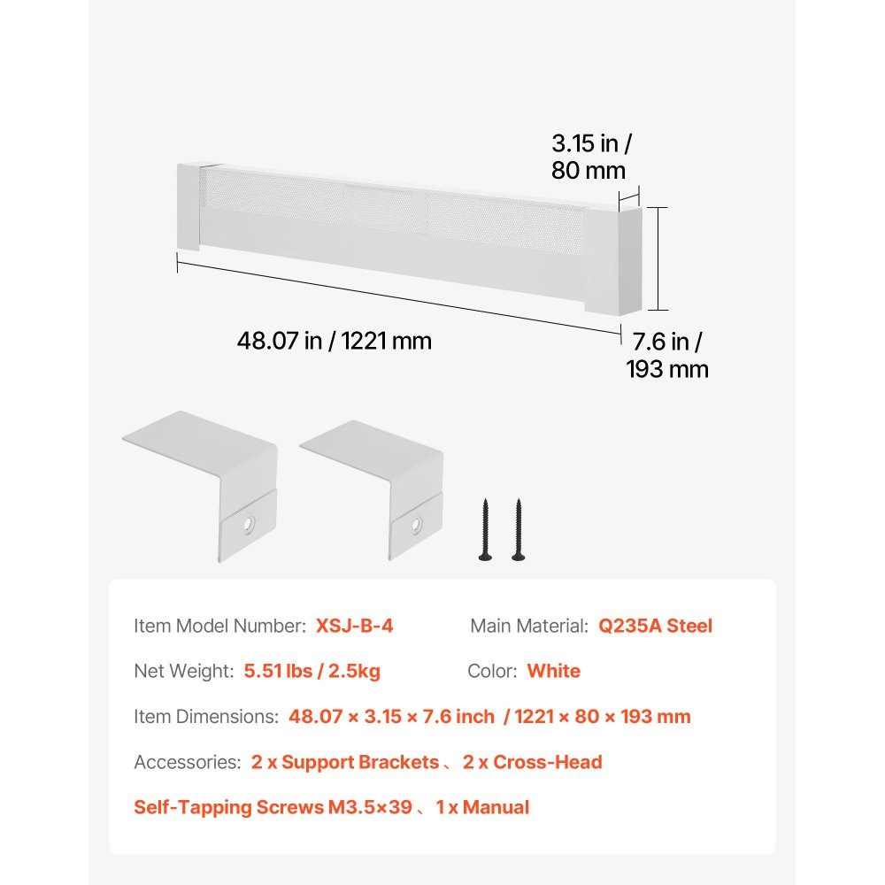 Couvercles de chauffage série Basic 1221 x 80 x 193 mm, couvercle avant de radiateur électrique standard, couvercle de remplacement en acier robuste pour chambre à coucher, blanc – Réf. HT-24393