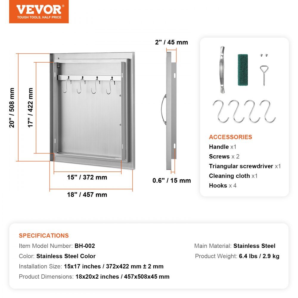 Grill-Zugangstür, 457 x 508 mm, einzelne Außenküchentür, bündig montierte Edelstahltür, vertikale Wandtür mit Griff und Haken, für Grillinsel, Grillstation, Außenschrank