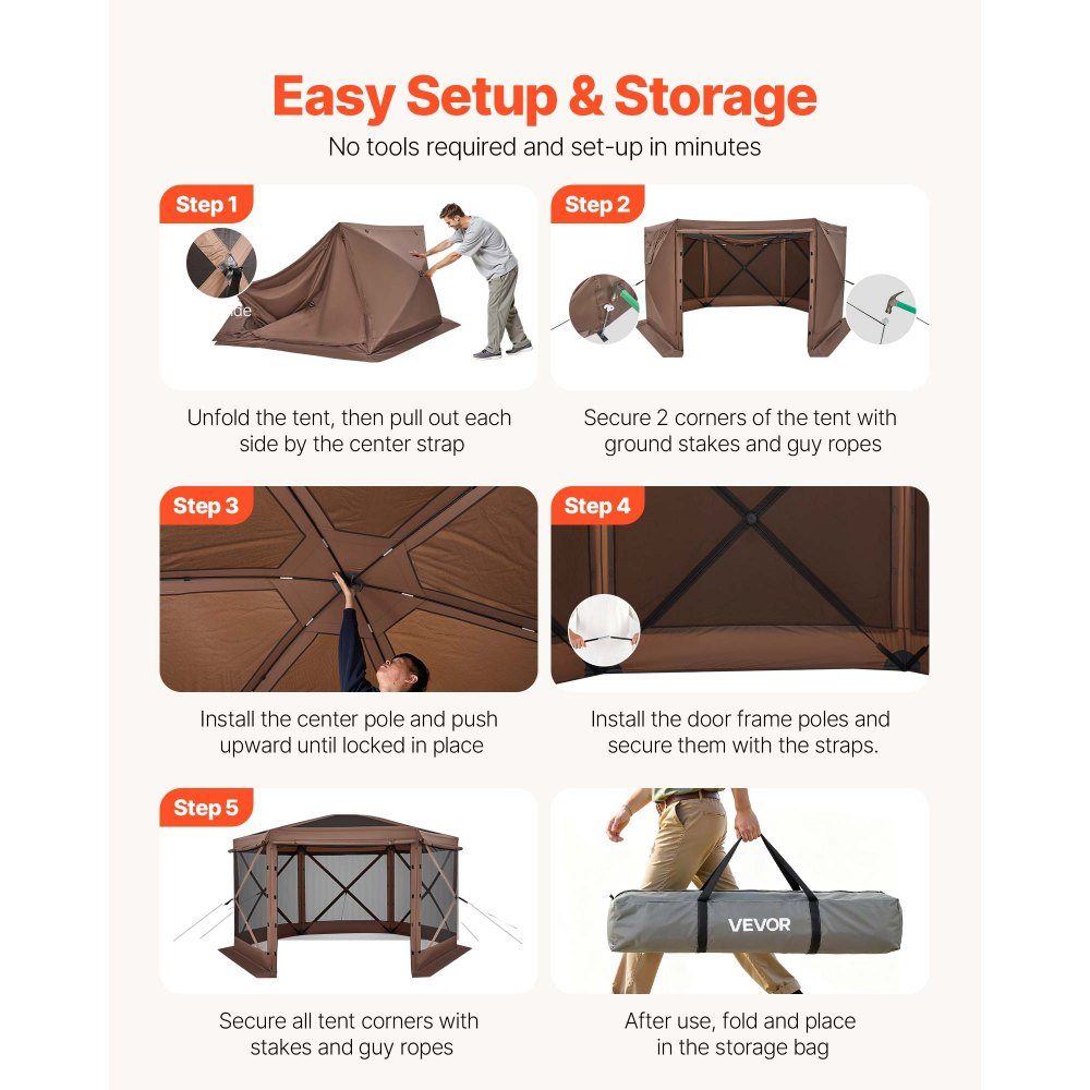 Tonnelle escamotable 3,6 m x 3,6 m, tente de camping à 6 côtés avec toit amovible et sac de transport, pare-soleil pour 8 à 10 personnes, tente de fête pour jardin, terrasse, marron