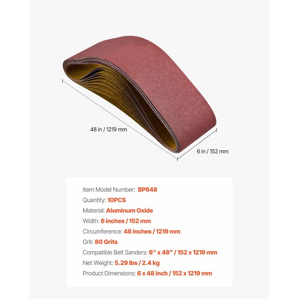 Sanding Belts 152x1219mm Sandpaper Belt Sander Pack of 10 80 Grit Aluminum Oxide Cloth Sanding Belt for Woodworking Steel Aluminum Non-Ferrous Metals