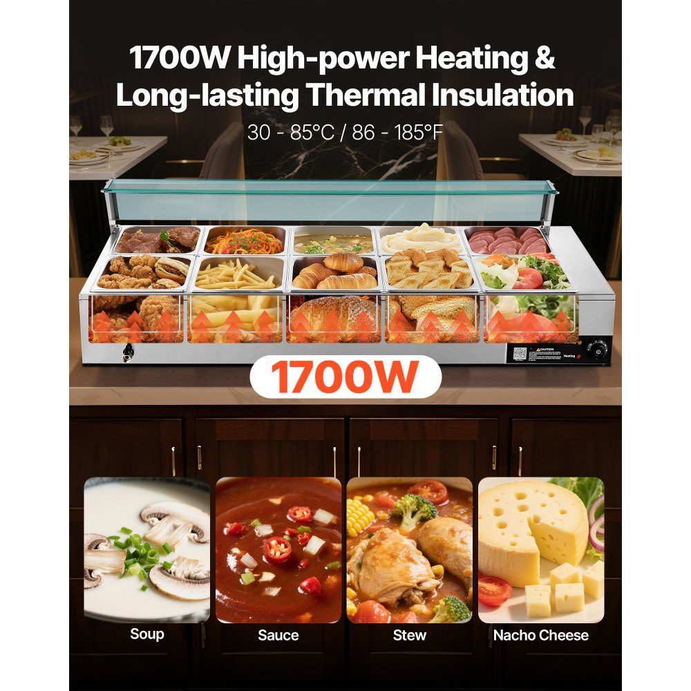 Commercial Food Warmer (10 x Size 1/2 Containers), 1.7KW Stainless Steel Electric Warming Container with Glass Cover and Soup Ladle, Chafing Dishes for Catering Restaurant Parties