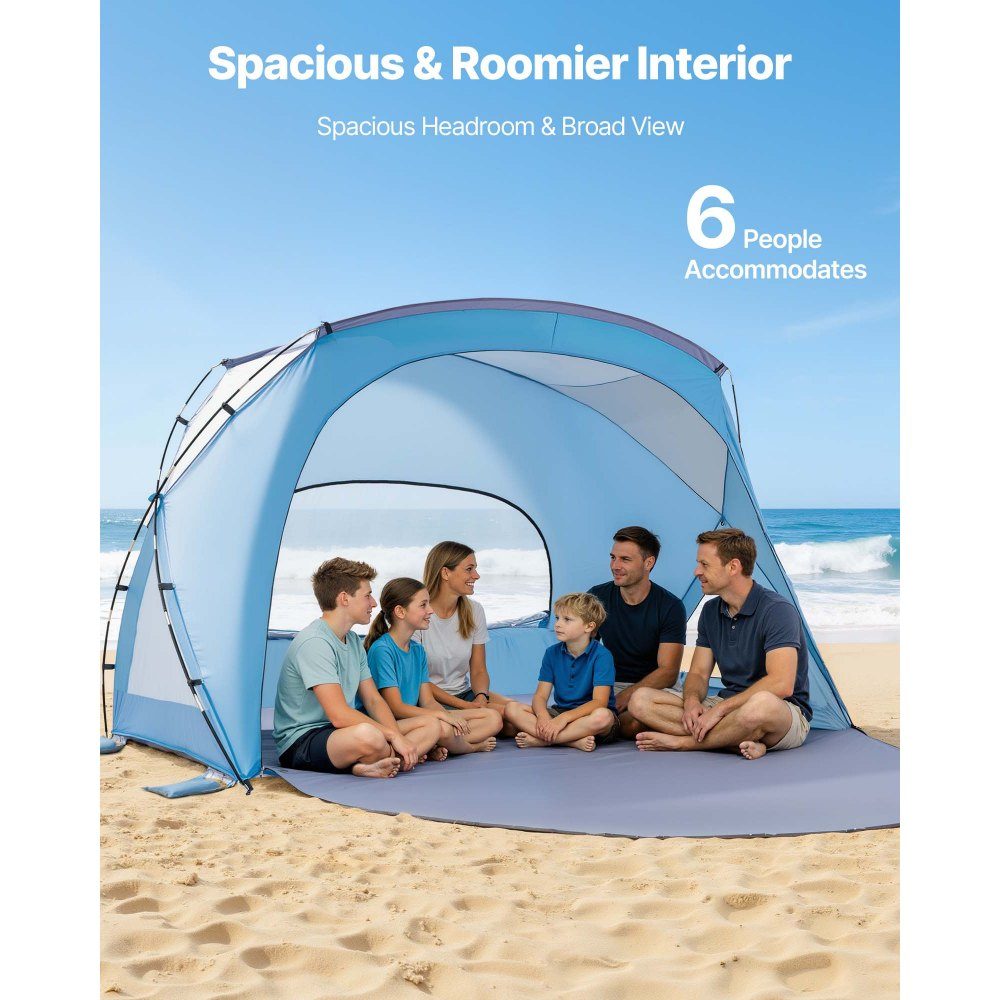 Strandmuschel-Sonnenschutz für 6 Personen, UPF 50+ Schutz, tragbares Strandzelt mit Tragetasche und Bodenankern, stabiler Strandschirm für Camping, Angeln, Picknick, Sonnenzelt