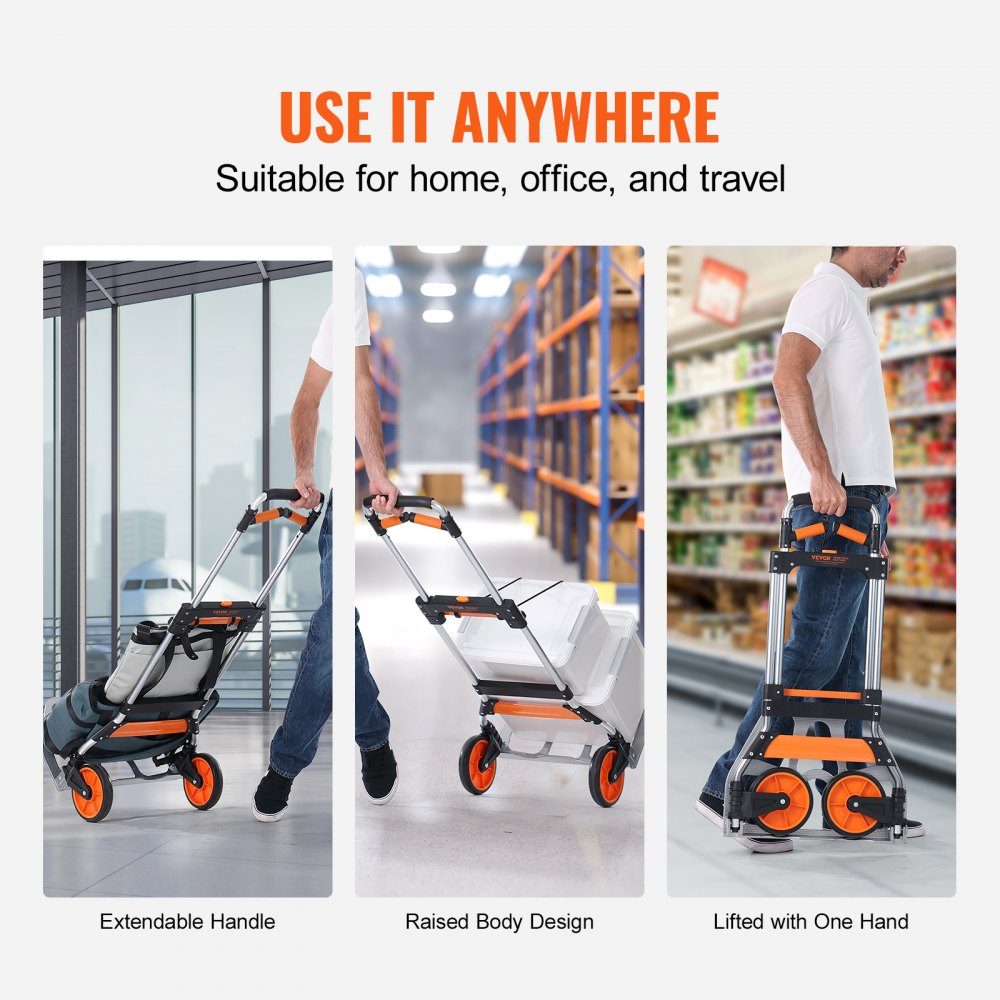 Folding Sack Truck 140kg Aluminum Alloy Plastic Transport Trolley Stacking Trolley with Adjustable Handle 900-1109mm Foldable Trolley with Tension Rope Included Compact Size for Storage