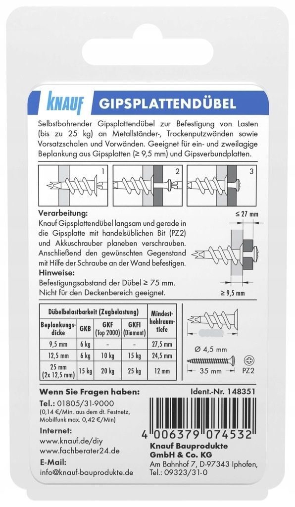 KNAUF selbstbohrende Metalldübel, Gipskartonschrauben, 10 Stück.