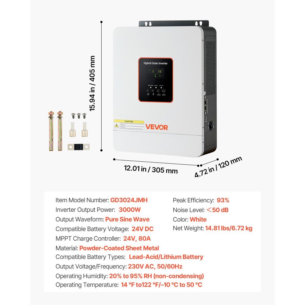 3000W hybrid inverter, 24V DC to 230V AC, with integrated 80A MPPT solar charge controller, compatible with lead-acid & lithium batteries, for home, RV & off-grid systems