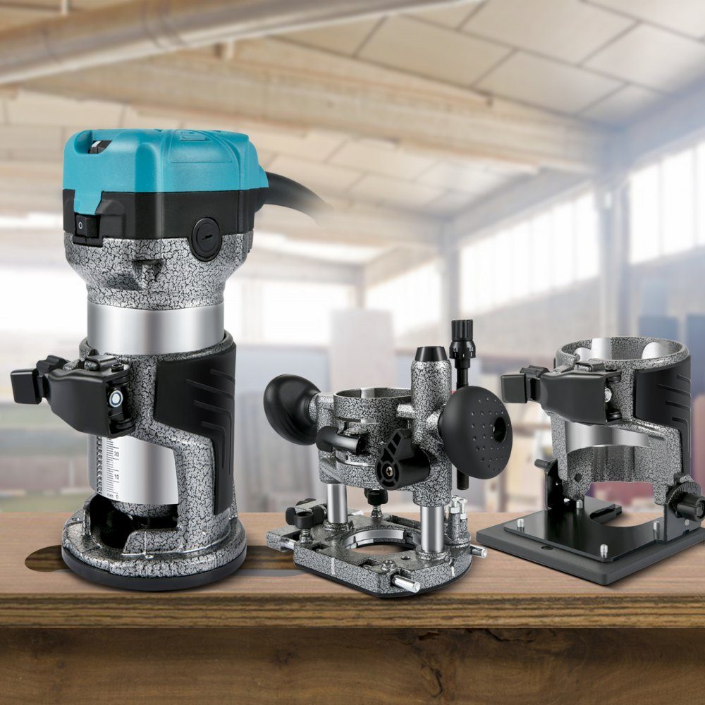 One-hand wood router 710 W, electric hand wood router 33000 rpm, fixed base, tilt foot, immersion base, 3 collets, cutter 6.35 / 8 mm included, curve stop, edge router