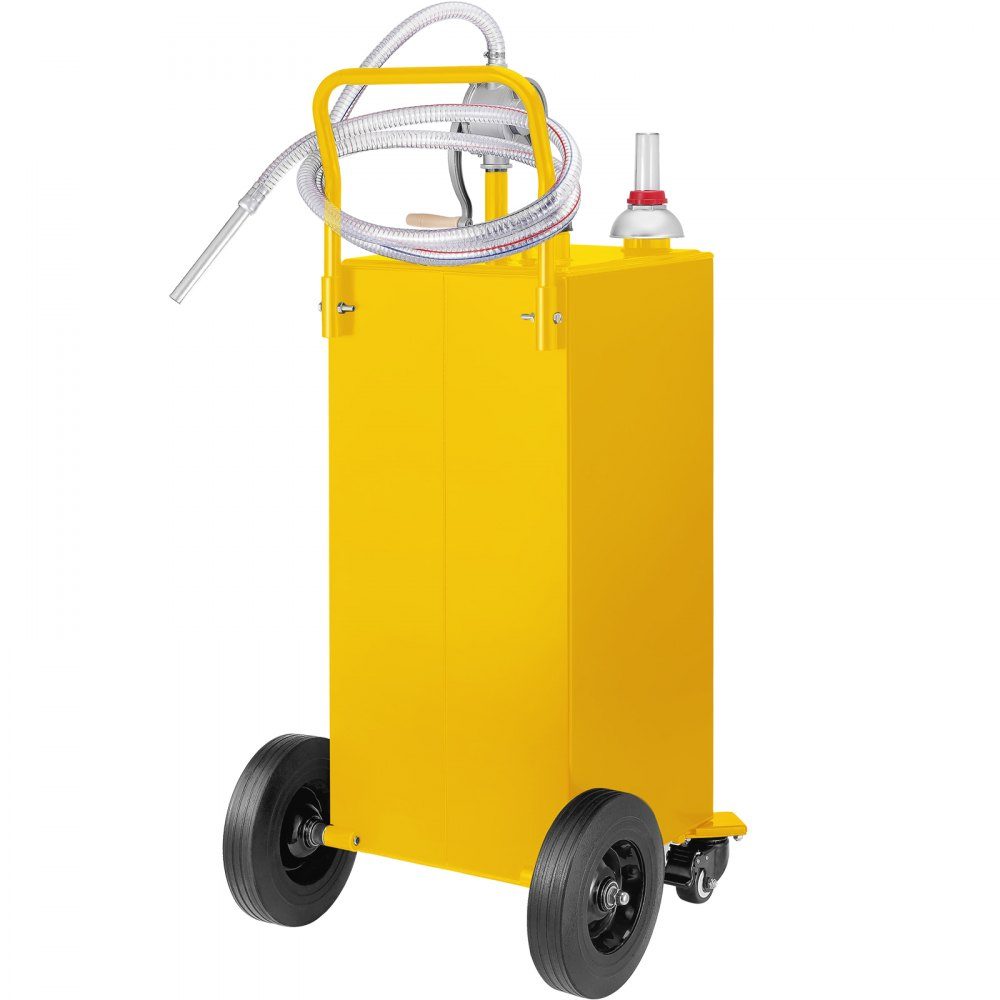 30-Gallonen-Kraftstofftank, Gasspeichertank und 4 Räder, mit manueller Transferpumpe, Benzin-Diesel-Kraftstofftank für Autos, Rasenmäher, Geländefahrzeuge, Boote usw., Gelb