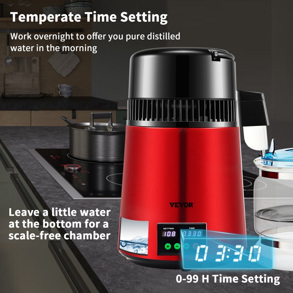 Water Distiller, 1L/H Household Red Water Distiller, Distilled Water 750W, Double Screen Stainless Steel Distiller System with Glass Jug, Distills Pure Water