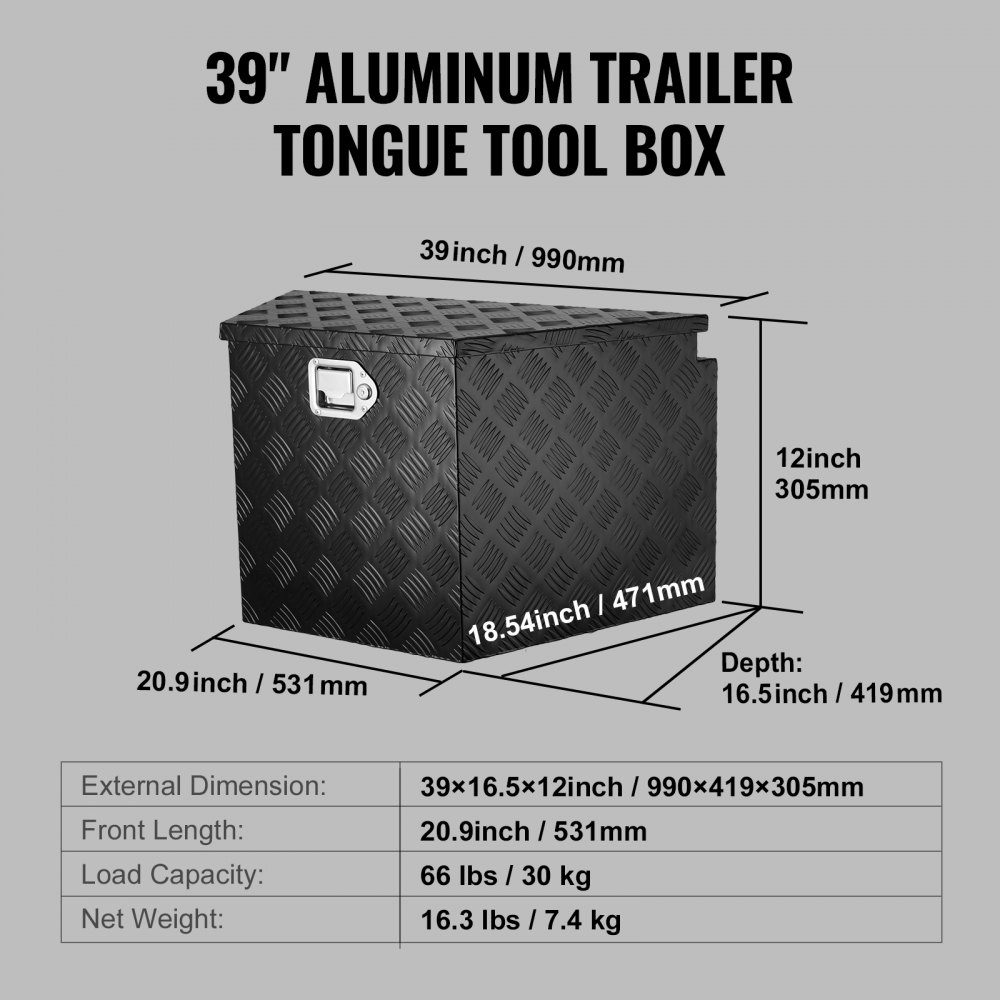Trailer Tongue Box Trailer Tool Box 990x419x305mm Aluminum Alloy Trailer Box Storage with Lock and Key Trailer Tongue Tool Box for RV etc
