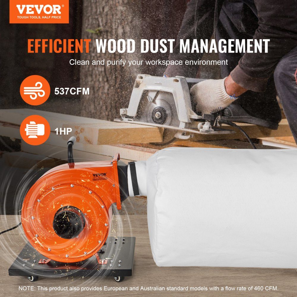 Stofafscheider 1 HP 460 CFM luchtstroom Rollende stofafscheider met 21-Gallonen-Staubsammelbeutel Zakfiltratie van 2,5 micron Mobiele houtstofbak met handvat en wielen voor industriële werkplaatsen