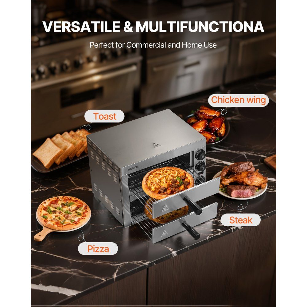 12" 1700W Electric Pizza Oven with temperature control and 0-60 minute timer, even baking technology and easy to clean crumb tray, ideal for commercial and residential kitchens