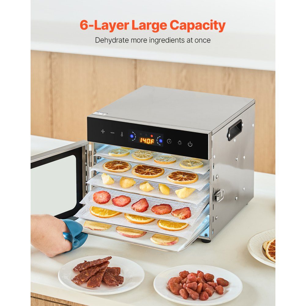 Dehydrator Dehydrator 6 roestvrijstalen kommen, 400 W elektrische voedseldroger met instelbare temperatuur, vriesdroger voor gedroogd vlees, vlees, fruit, groenten, kruiden, hondenkoekjes