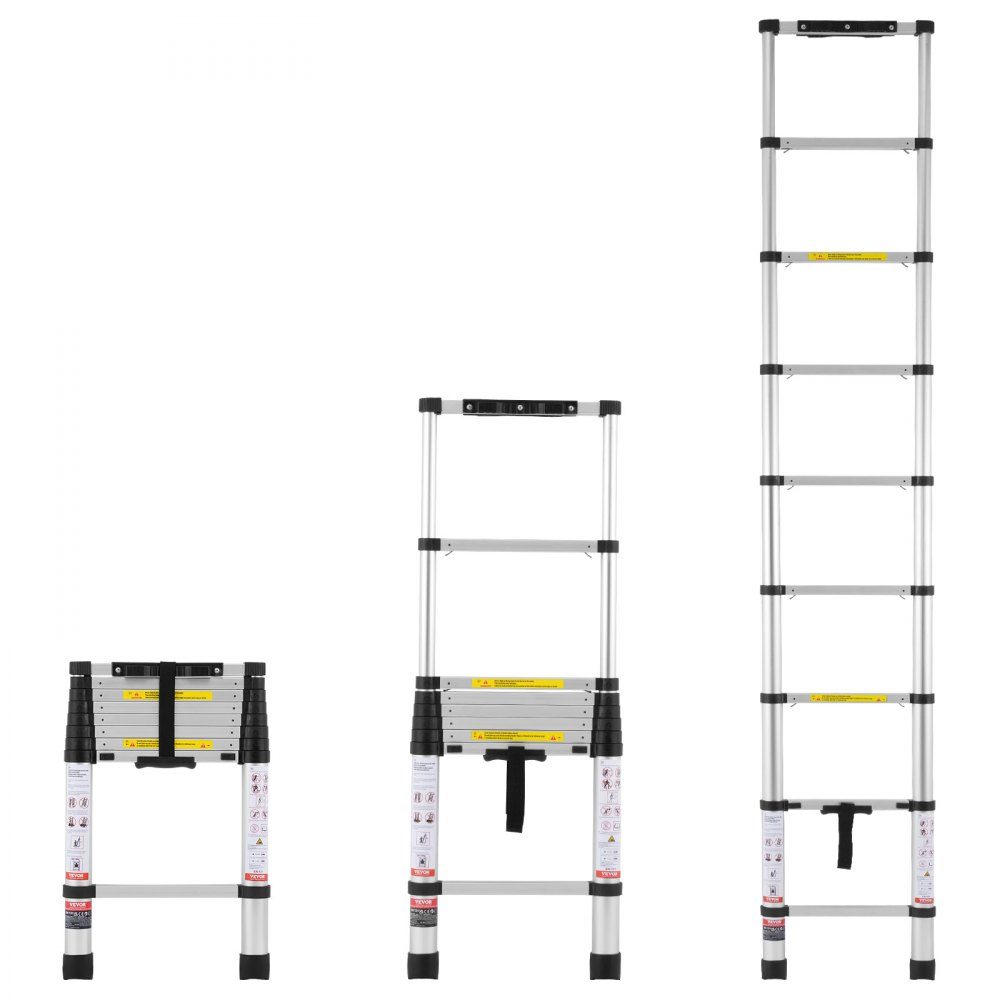 Telescopic Ladder, 2.6m Aluminum Extension Ladder, Folding Ladder with One Button Retraction, 160kg Load Capacity with Non-Slip Feet, Portable Compact Ladder for Home, RV, Attic