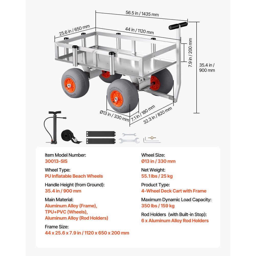 Folding Fishing Trolley, 159kg Handcart with 4 PU Pneumatic Tires for All Terrain, Transport Trolley with Aluminum Frame & 6 Rod Holders, Multifunctional Transport Trolley for Fishing, Camping, Beach