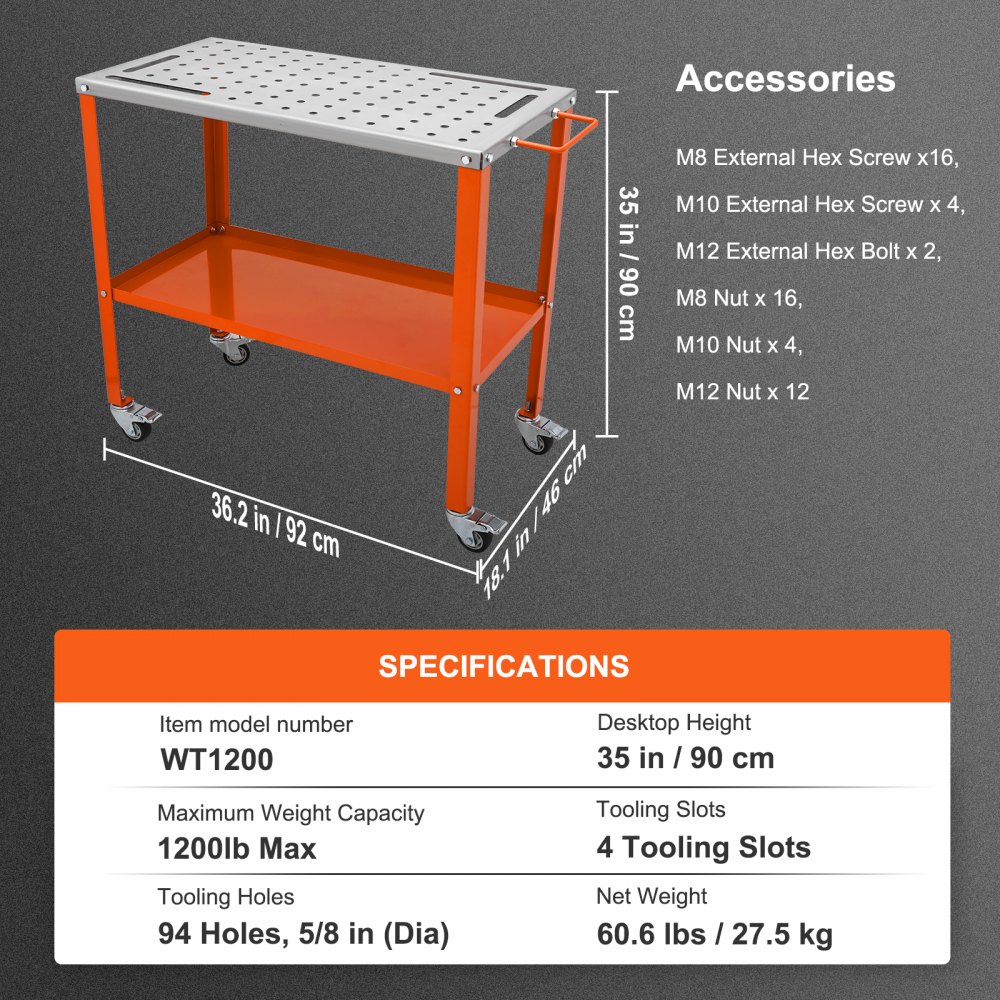 Mobiele lastafel 36" x 18" laswerkbank 1200 lb laadvermogen Gatentafel 94 gaten (φ 0,6") Werkbank Koolstofstalen werktafel Laswagen op wielen 4 gereedschapssleuven Mobiele lastafel 36" x 18" laswerkbank 1200 lb laadvermogen Gatentafel 94 gaten (φ 0,6") Werkbank Koolstofstalen werktafel Laswagen op wielen 4 gereedschapssleuven