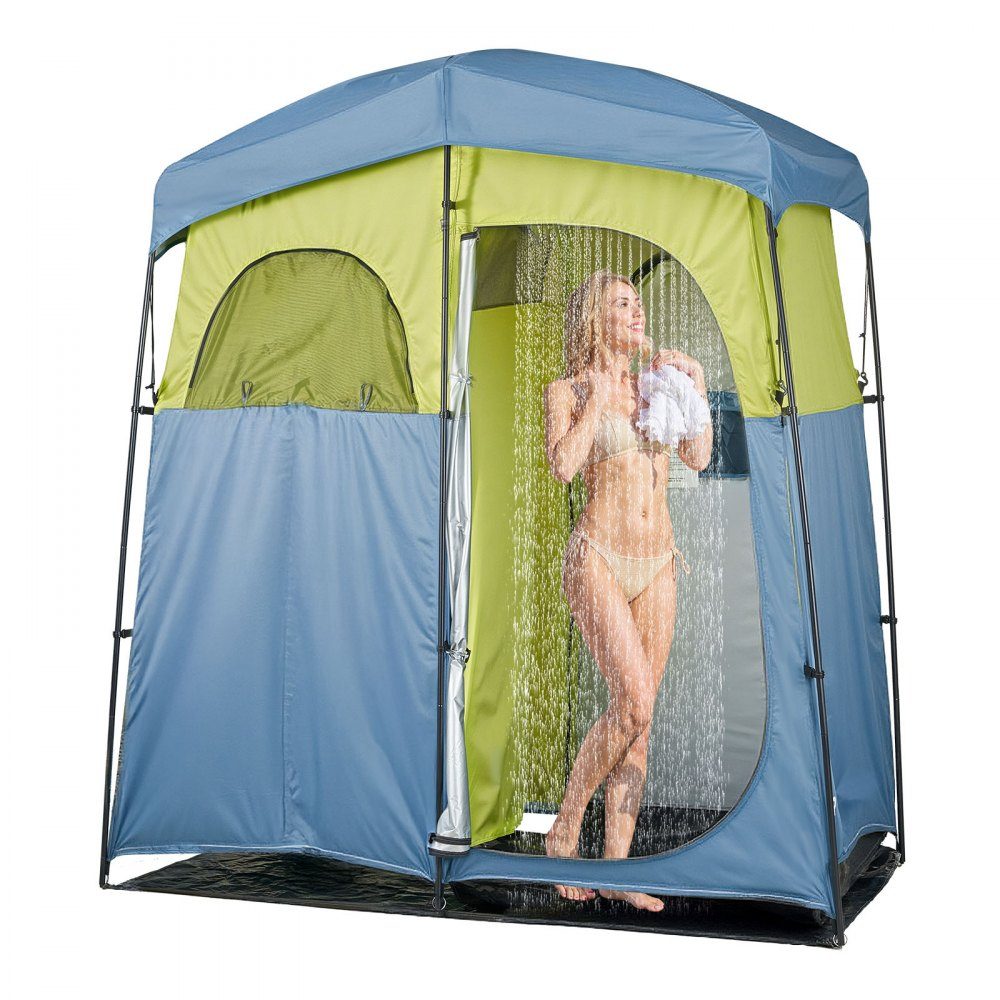 Shower tent with 2 rooms, toilet tent (2133x1067x2133 mm) with shower bag, changing tent including pegs & ropes & carry bag & support poles, made of 150D Oxford fabric for camping, beach, fishing