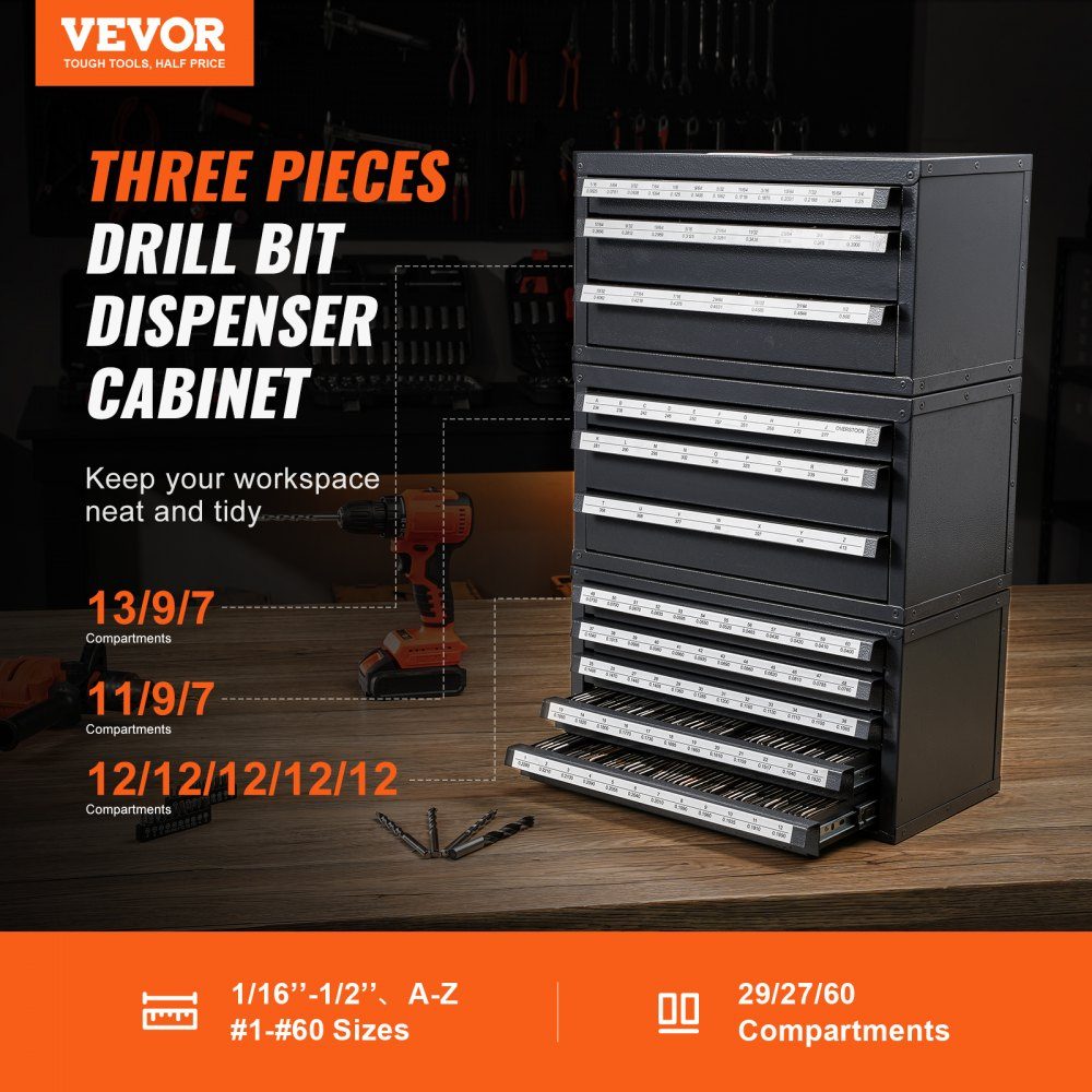 Bohrerspenderschrank, 3-teilig, drei Schubladen für 1,6 mm bis 12,7 mm und Buchstabengrößen A bis Z, Bohrer-Organizer mit fünf Schubladen für Drahtgrößen Nr. 1 bis Nr. 60, stapelbarer Schrank