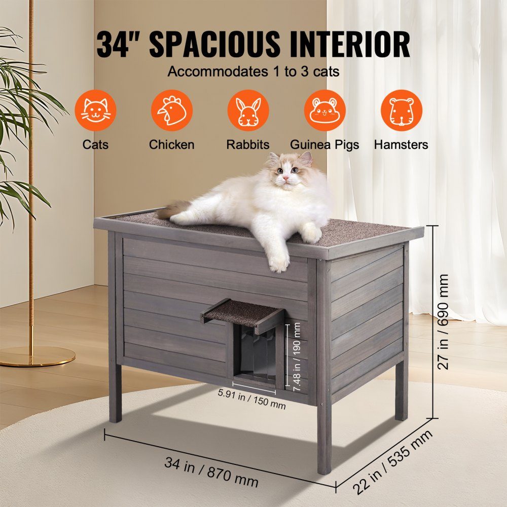 Buitenkattenhuis Weerbestendige schuilplaats voor wilde katten voor meerdere katten Houten katten- en konijnenhuis voor buiten Volledig met schuim geïsoleerd open dak PVC-deurkleppen 34" L x 22" B x 27" H