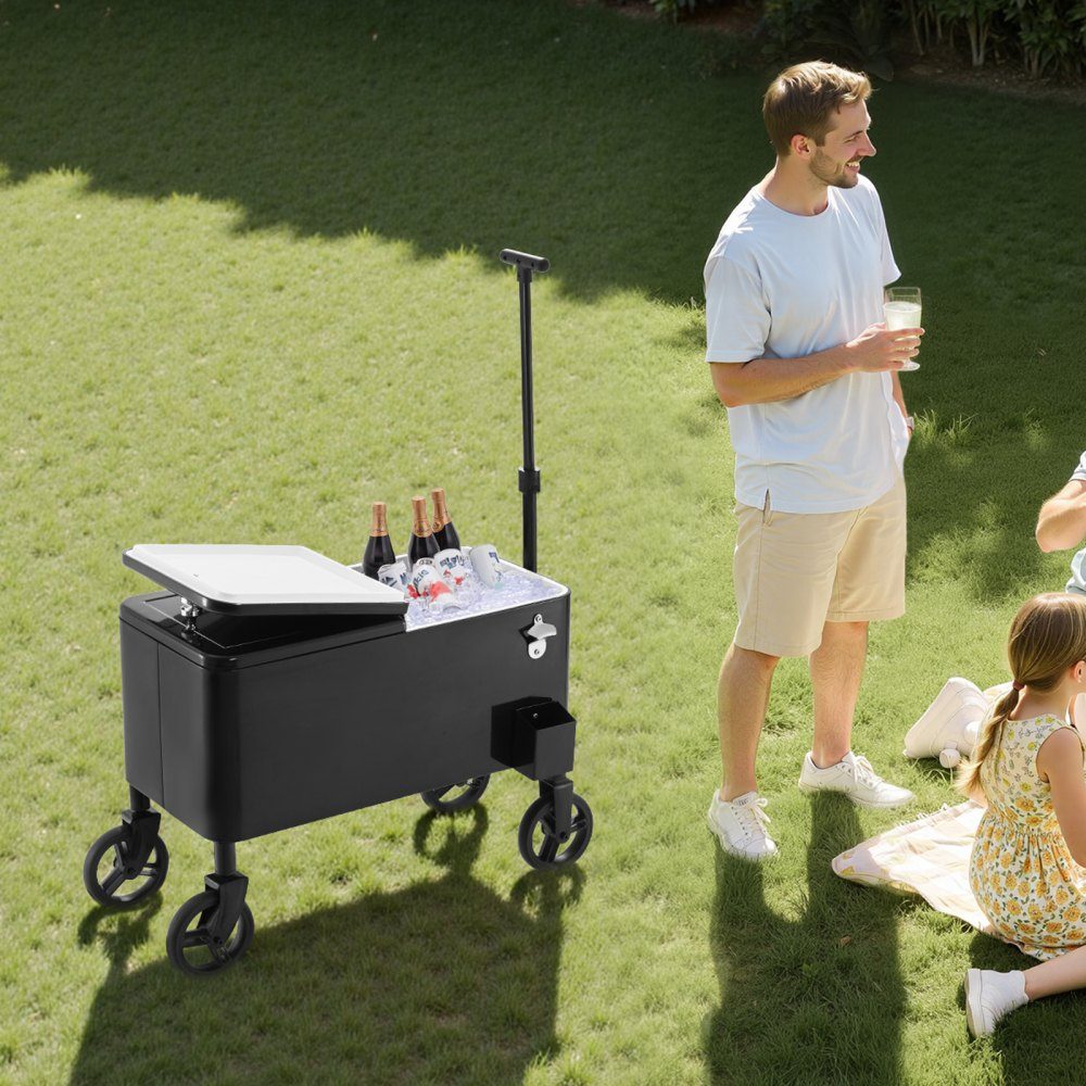 Kühlwagen Getränkewagen 75,71 L bis zu 50 Flaschen/110 Dosen, Beistellwagen für Terrassenpartys und Bars mit Cor-Teleskopgriff & Flaschenöffner & Kronkorkensammler, Getränkekühler schwarz