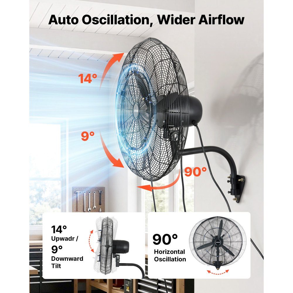 110W Industrial Wall Fan 67cm 7m/s Oscillating Wall Fan with 3 Mist Levels and Adjustable Tilt Angle Commercial Industrial Fan for Workshop Garage Warehouse Gym Black