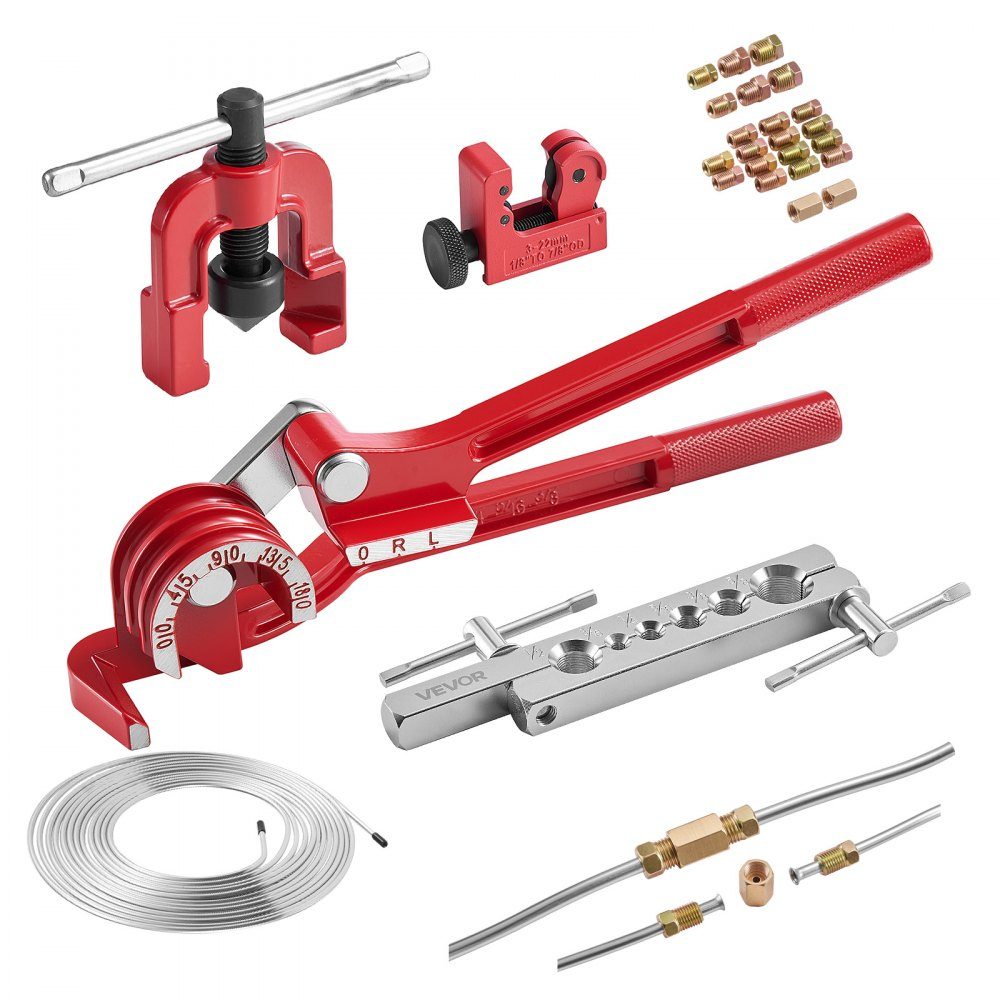 Ensemble d'outils d'évasement de conduite de frein 5 pièces, outil d'évasement à 45° avec conduite de frein de 25 pieds x 1,75 mm pour un évasement facile, extenseur de tuyau avec 20 ports, 2 ports et cintreuse de tuyaux, kit de réparation de véhicule