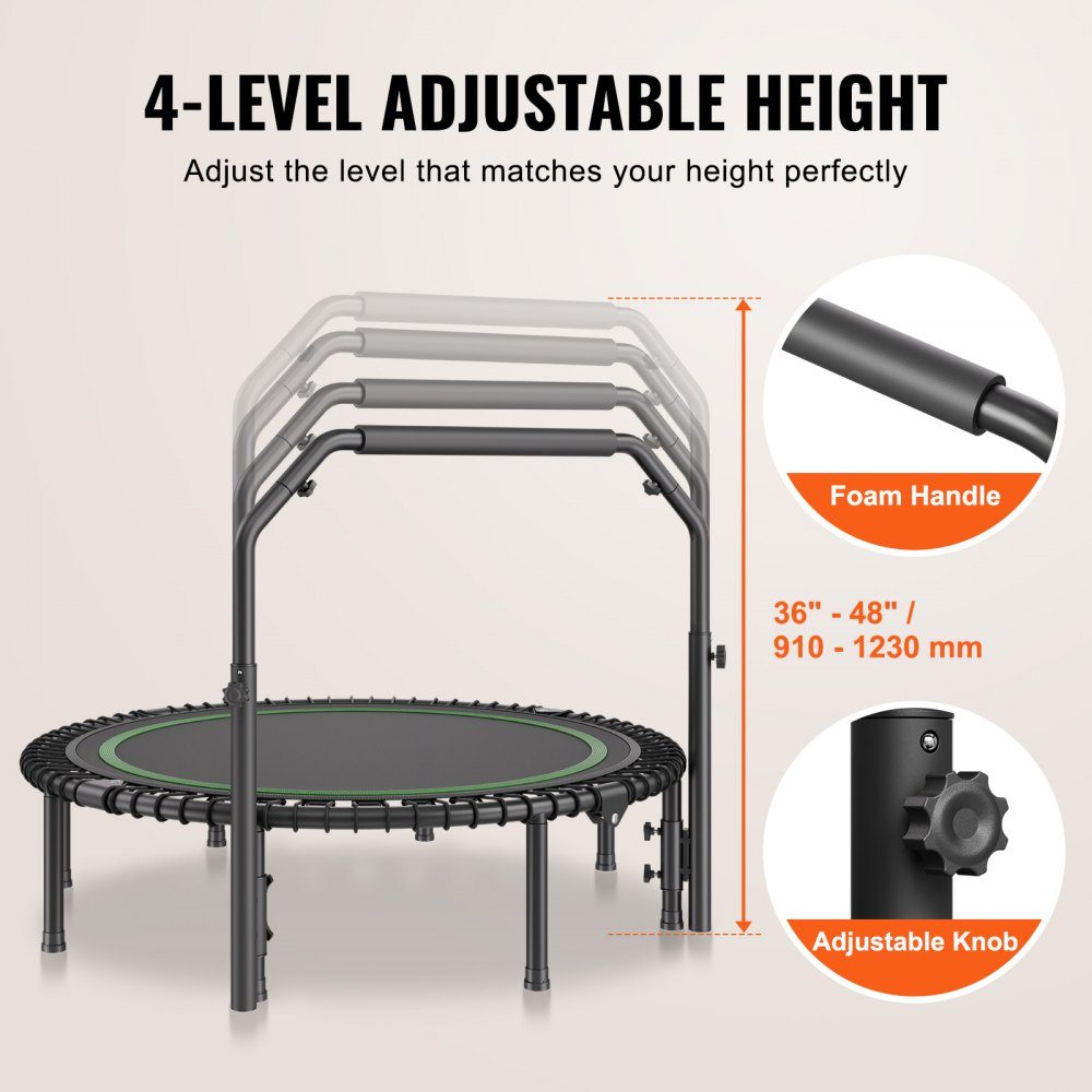 Opvouwbare minitrampoline fitness rebounder 1295 mm 205 kg veerkrachtige trainingstrampoline, rebounder sporttrampoline tuintrampoline met 4-traps in hoogte verstelbare handgreep & 42 spanbanden