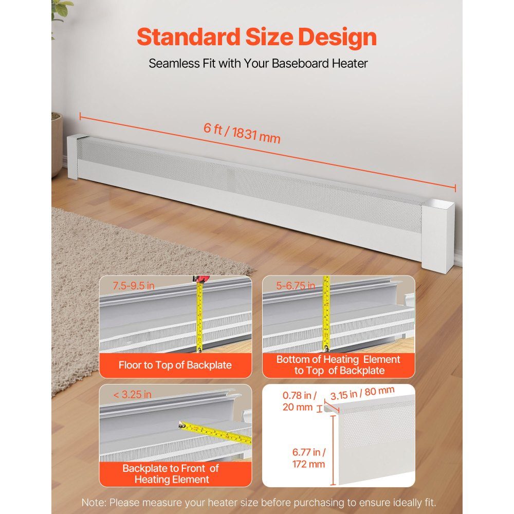 Heizungsabdeckungen, Basic-Serie, 1831 x 80 x 193 mm, Standard-Frontabdeckung für elektrische Heizkörper, robuste Ersatzabdeckung aus Stahl für Schlafzimmer, Weiß