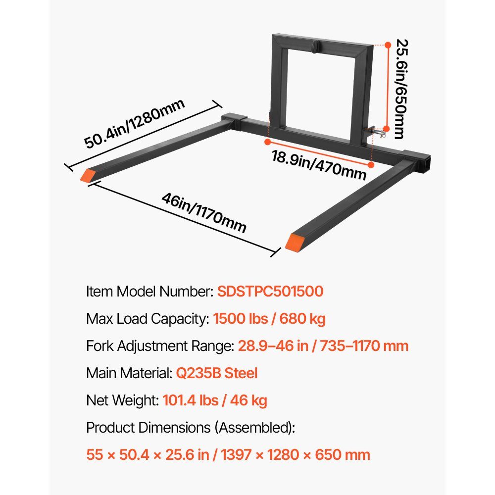 Pallet fork 680 k, 3-point clamping fork carrier, 1280 mm total length, forks mit 735-1170 mm adjustable fork width, quick coupling attachments for category 1 tractors