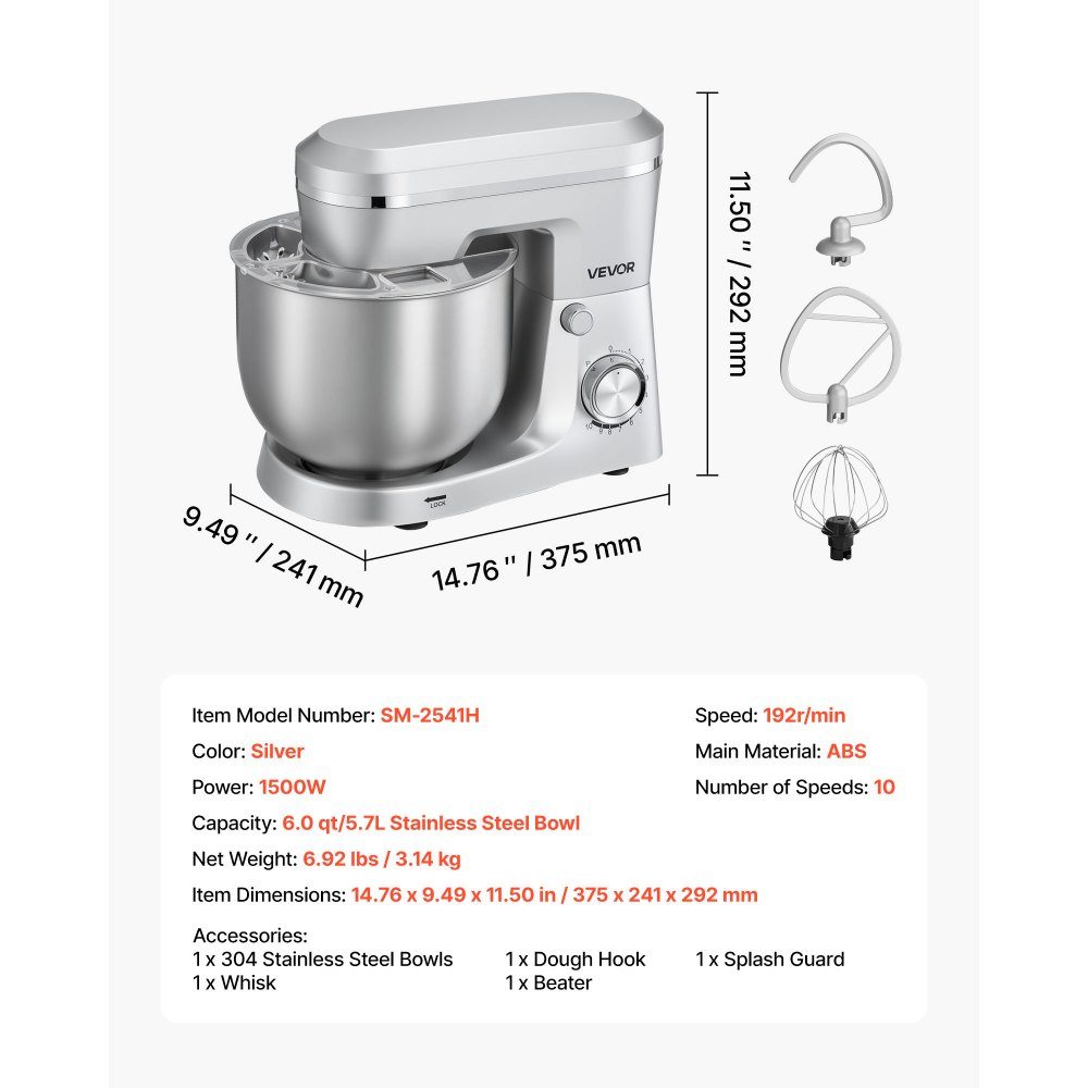 Knetmaschine Küchenmaschine zum Backen, 1500-W-Teigmaschine mit Edelstahlschüssel (5,7 l) & Knethaken & Rührbesen & Schneebesen, 10-Gang-verstellbarer Kippmixer Standmixer