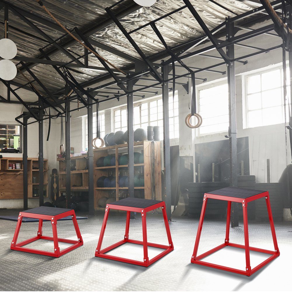 Boîtes de saut pliométriques 3 pièces, boîte pliométrique rouge de 305/458/609 mm, ensemble de boîtes d'exercices de remise en forme antidérapantes pour l'entraînement de fitness à domicile, l'entraînement de force de conditionnement, l'entraînement de sa