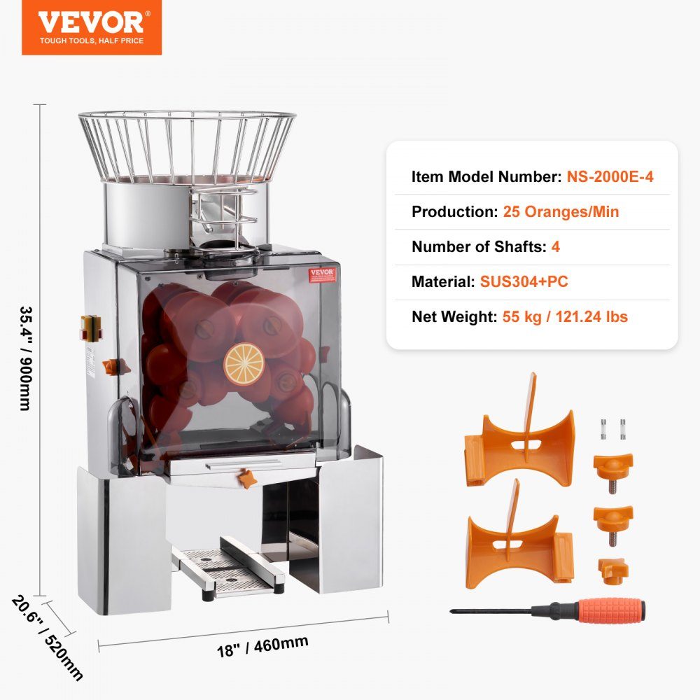 Commercial Orange Juicer, 120W Automatic Juicer, Stainless Steel Orange Juicer for 25 Oranges per Minute, with PC Cover, 46 x 52 x 90cm, Commercial Citrus Juicer, Electric Citrus Juicer