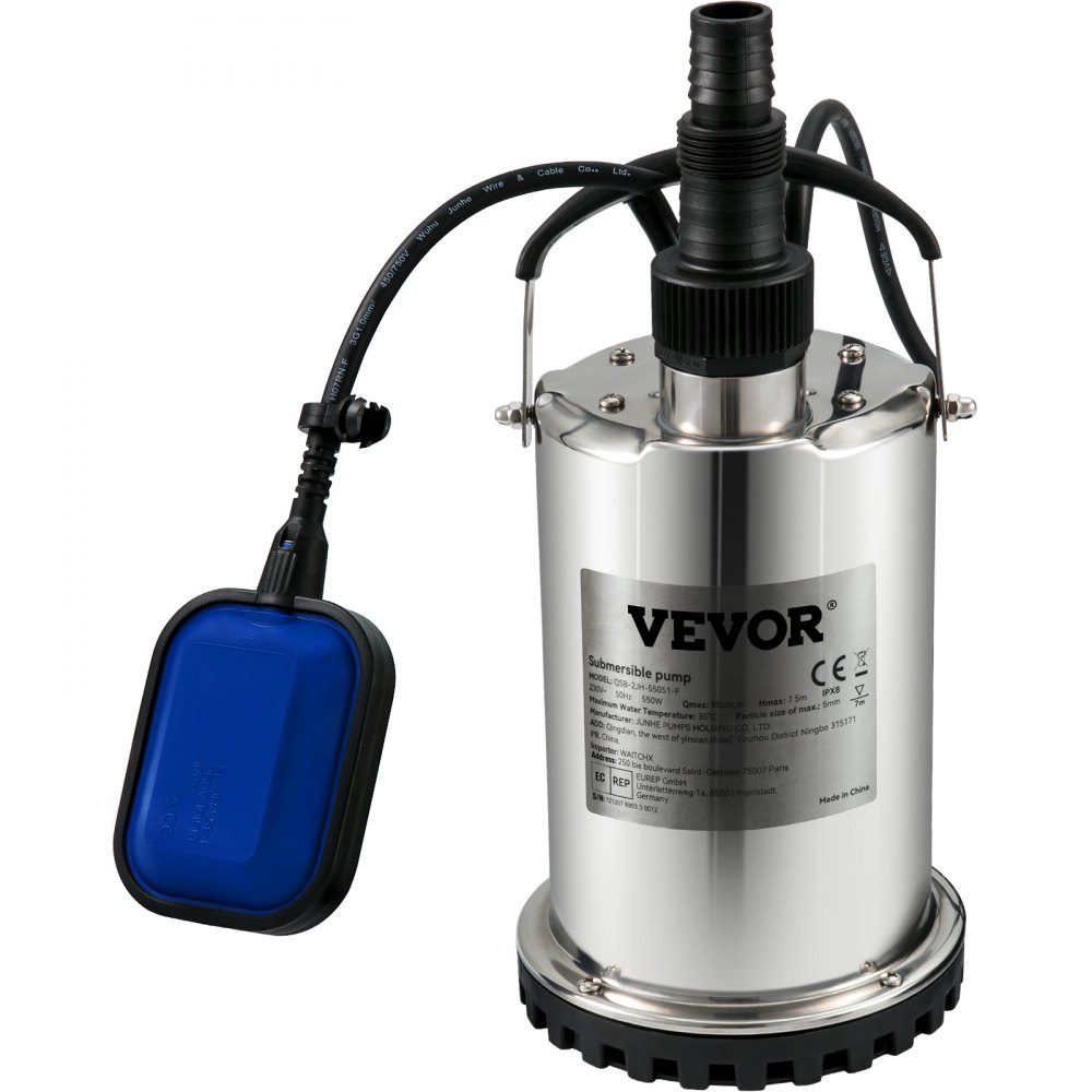 Vuilwaterpomp 550W dompelpomp 230V tuinpomp opbrengst 9500L/u vuilwater dompelpomp IPX8 uitlaat op maat te knippen voor het verpompen van water uit zwembaden, vijvers, kelders