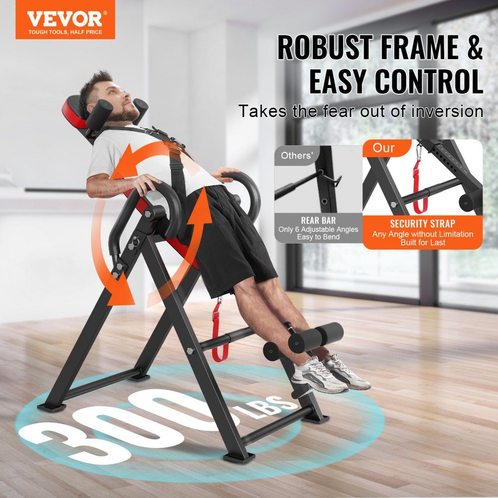 Inversion table, inversion bench, 136 kg load capacity, multifunctional back trainer, folding strength training device with headrest, ankle lock, adjustable protective belt, red + black