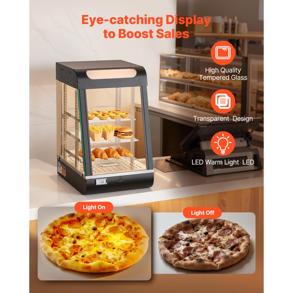 Comptoir chauffant à 3 niveaux 57 L, vitrine chauffante 800 W, comptoir chauffant 30-85 °C, chauffe-plats avec éclairage LED et étagères réglables, vitrine alimentaire pour hamburger pizza pain poulet frit