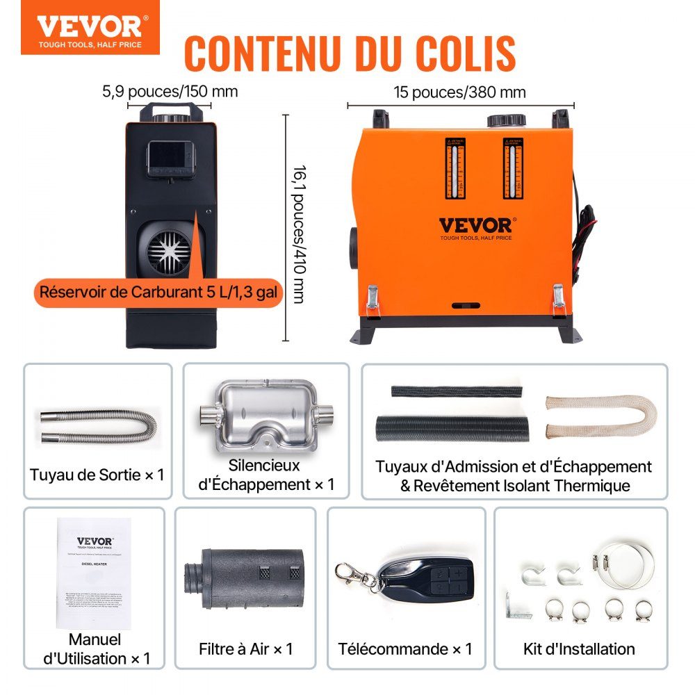Réchauffeur d'air diesel Réchauffeur supplémentaire 12 V 5 kW Réchauffeur d'air Réchauffeur d'air diesel supplémentaire Réchauffeur d'air 0,12-0,52 L/h Réchauffeur diesel avec écran LCD et télécommande Réchauffeur d'air diesel