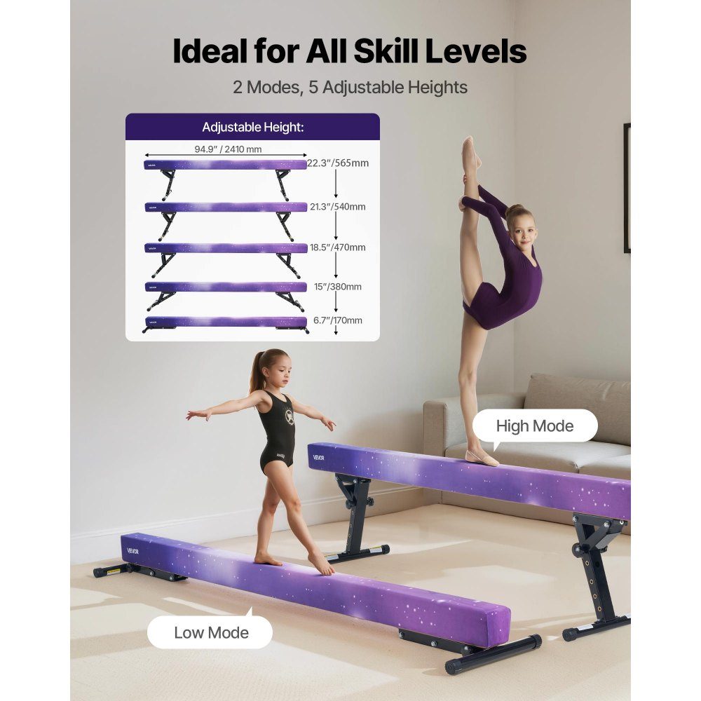 Poutre de gymnastique pour enfants 241 cm réglable en hauteur (5 niveaux), poutre de gymnastique porteuse de 158,7 kg, poutre d'équilibre pour salle de gym, Galaxy