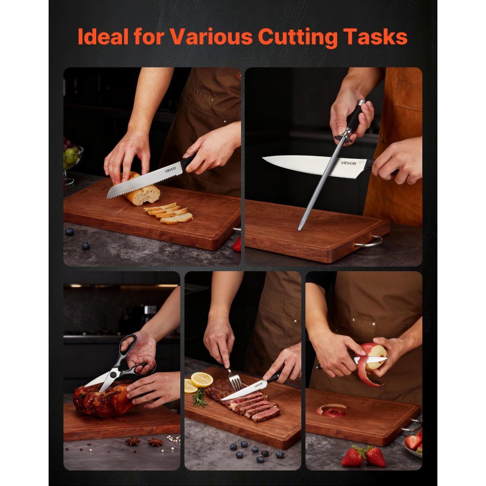 Kitchen knife set with knife block (wood) & sharpening steel, 15 pieces. Knife set, high carbon stainless steel knives, kitchen cutlery with ergonomic handle and kitchen scissors for home cooks