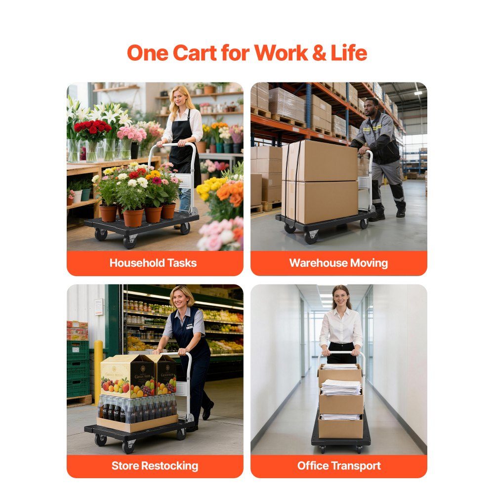 Opklapbare platformwagen 300 kg, transportwagen met zwenkwiel, steekwagen met antislip laadvlak, opvouwbare wagen transporthulp voor eenvoudig opbergen, wagen 895x595x850 mm