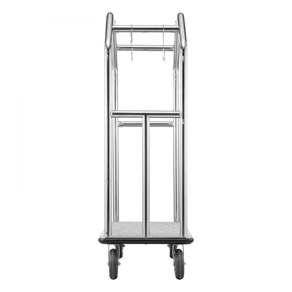 Roestvrijstalen hotelbagagewagen 1500 pond zware bagagewagen met 8 "rubberen wielen Hotelwagen met grijze tapijtvloer en kapstok Commerciële bagagewagen voor hotelsresorts Zilver – Artikelnr. HT-23177