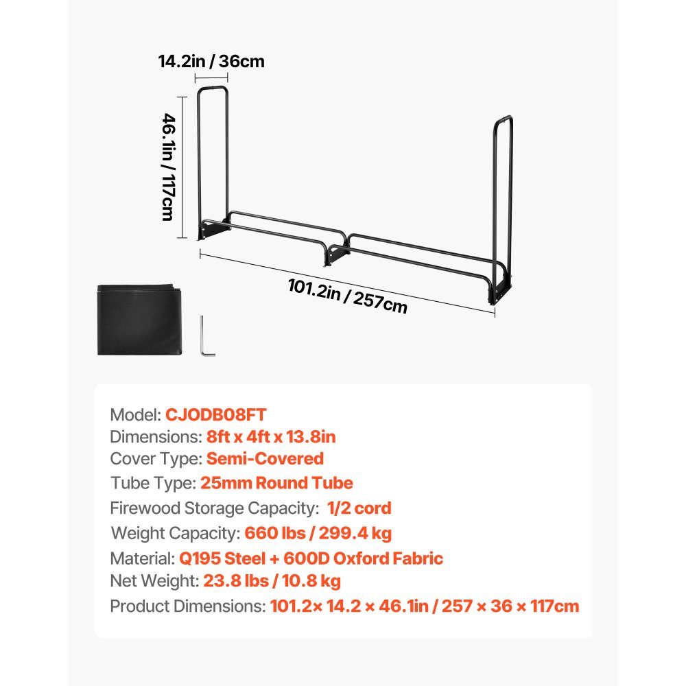 Brennholzregal aus Metall, 259 x 36 x 117 cm, Brennholzregal, Stahlrahmen, pulverbeschichteter Brennholzunterstand, 300 kg mit wasserdichter Abdeckung, Stapelhilfe, Holzunterstand für Veranda, Garten, Terrasse, Hof