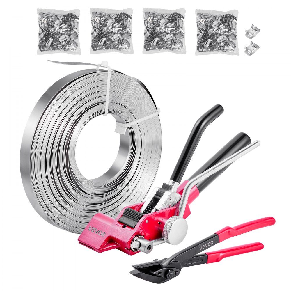 4-piece steel strapping set, manual strapping tool with 122m metal strapping, 400 metal clips and cutters, perfect workshop equipment for industrial packaging, transport and storage