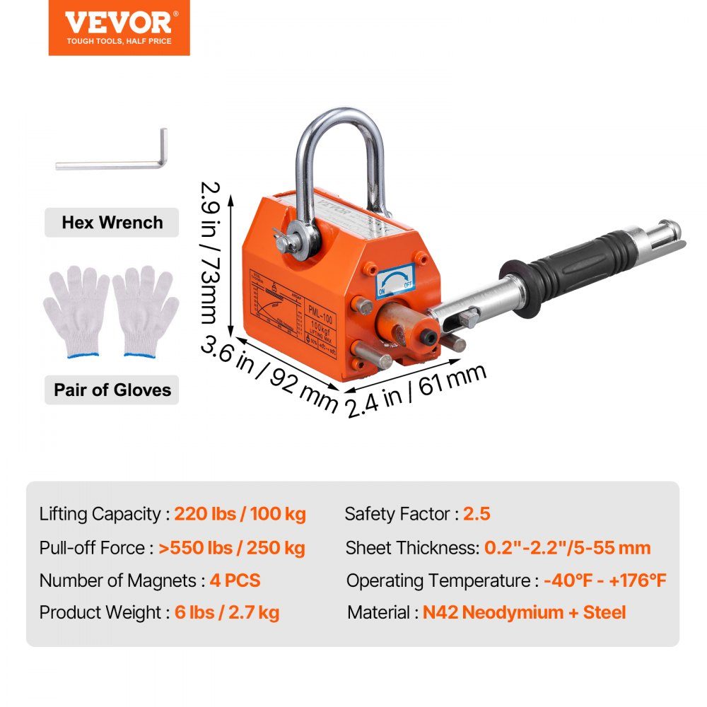 Load lifting magnet, crane magnet (100kg load capacity, 250kg pulling force, -40 to 80℃), hand controlled fork lifting magnet lifter, magnetic lifter, yellow neodymium lifting magnet tool