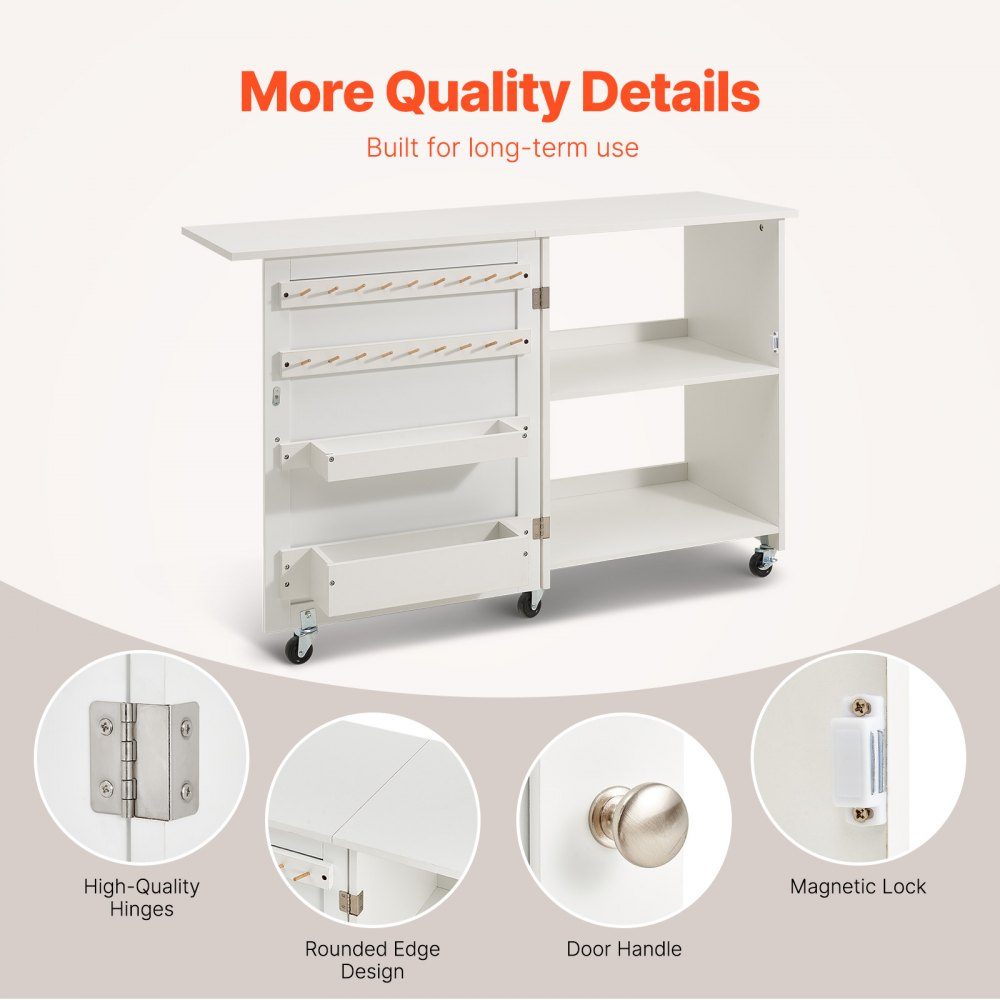 Opvouwbare naaitafel Multifunctionele naaimachinetafel met wielen en planken en opbergvakken en houten pennen en magnetische deuren, naaimachine wit (1170 x 400 x 778 mm)