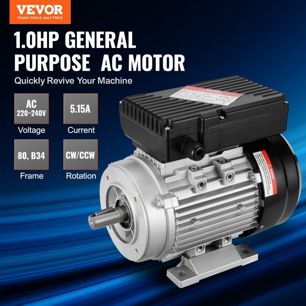 0,75 kW Elektromotor 2850 U/min AC 220–240 V 5,15 A 80 B34 Rahmen Luftkompressormotor einphasig 19 mm Keilwelle Rechts-/Linksdrehung für landwirtschaftliche Maschinen und allgemeine Geräte