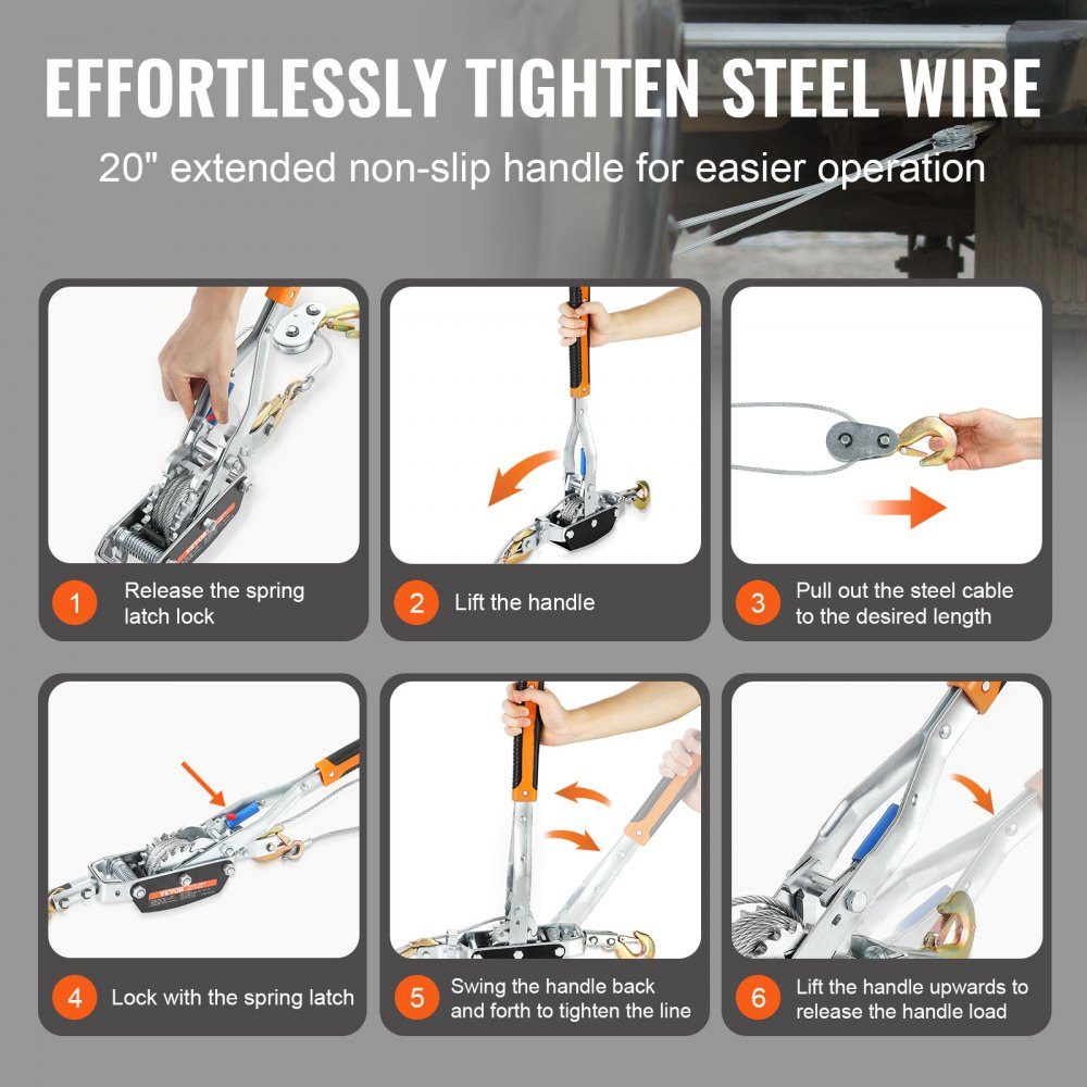 Towing Winch, 5T Pulling Force, 3.5M Steel Cable, 3 Hooks, Heavy Duty Two Speed ​​Ratchet Puller Tool, Automotive Hoist Cable Puller, Ideal for Vehicle Rescue