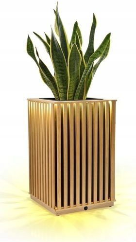 Handgefertigter Blumentopf aus Eichenlamellen quadratisch 2in1 LED-Beleuchtung 63cm