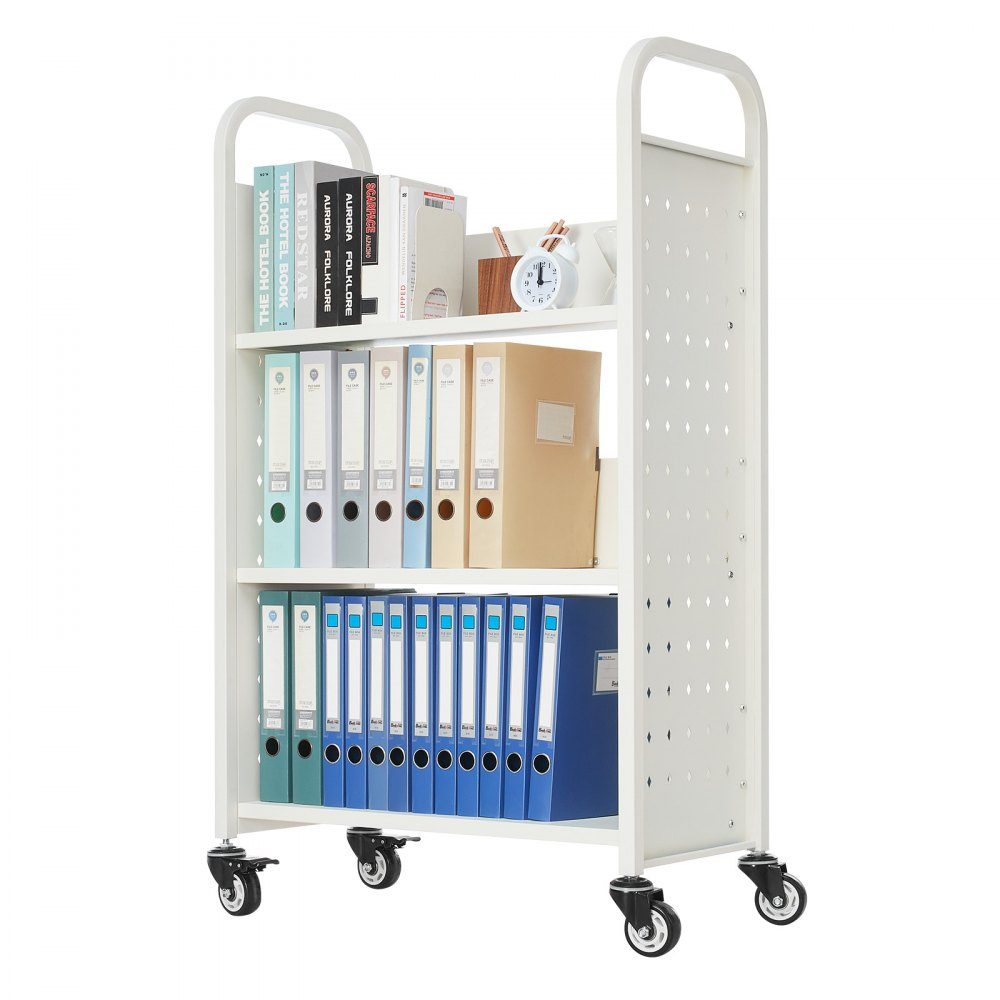 Wózek na książki 150 kg Nośność Wózek biblioteczny 77 x 38 x 122 cm Jednostronny regał w kształcie litery L z podwójnymi kółkami hamulcowymi Wózek na książki do salonu Biuro Szkoła Biały
